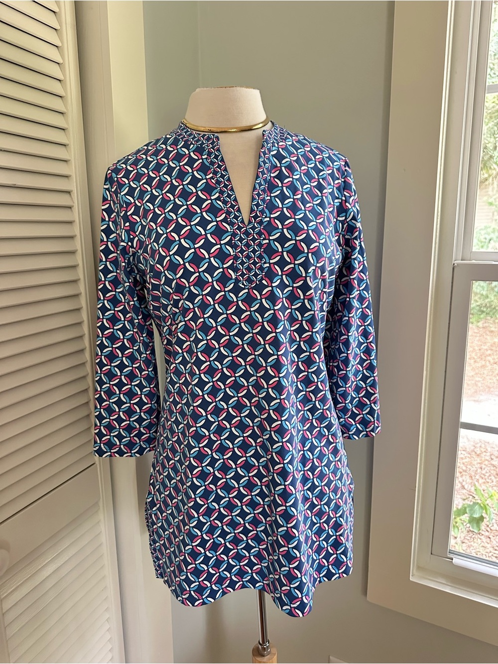 Women’s J. McLaughlin Navy Geometric Print Tunic with Pink & White Accents